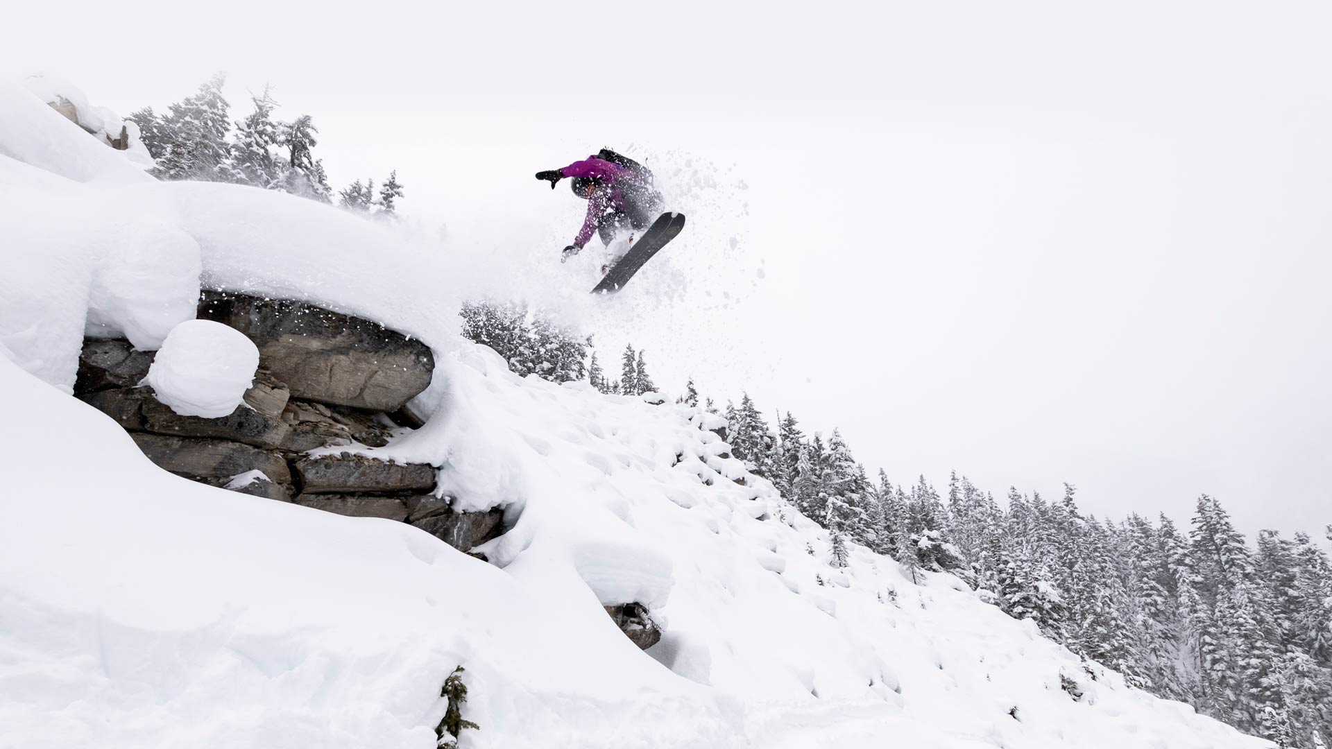 Skier in purple jacket airs off snowy rock cliff, powder spraying