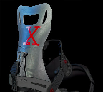 Snowboard binding highback with red X logo, black straps
