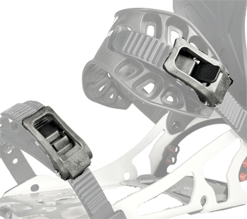 Close-up of gray snowboard binding straps with metal ratchet buckles