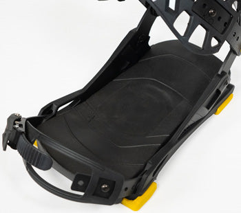 Black racing simulator seat frame with yellow adjustment levers, top view
