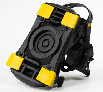 Black plastic phone mount with yellow corner clamps, studio shot