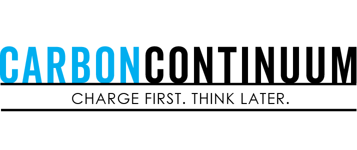 Carbon Continuum logo with tagline Charge First Think Later, blue and black text