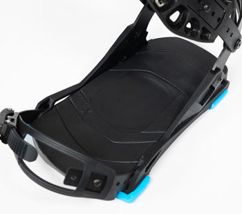 Black snowboard binding with blue highlight discs, top angled view