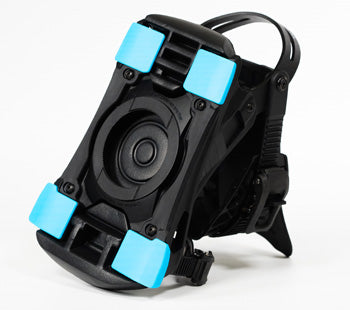Black motorcycle phone mount with blue rubber grips and strap