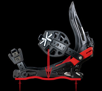 Snowboard binding in black and red with highback and baseplate