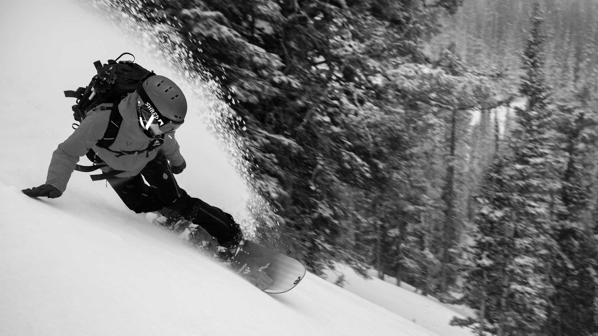 Snowboarder carving steep powder slope beside snowy pine forest, black-and-white
