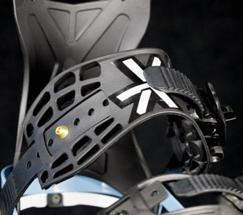 Close-up of black snowboard binding ankle strap with white X logo