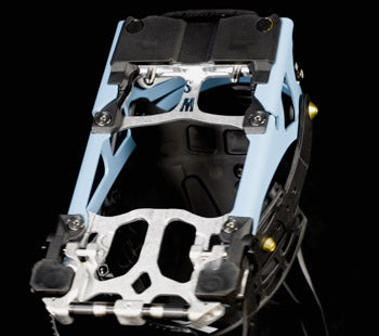 Blue and silver splitboard binding frame on black background, front view
