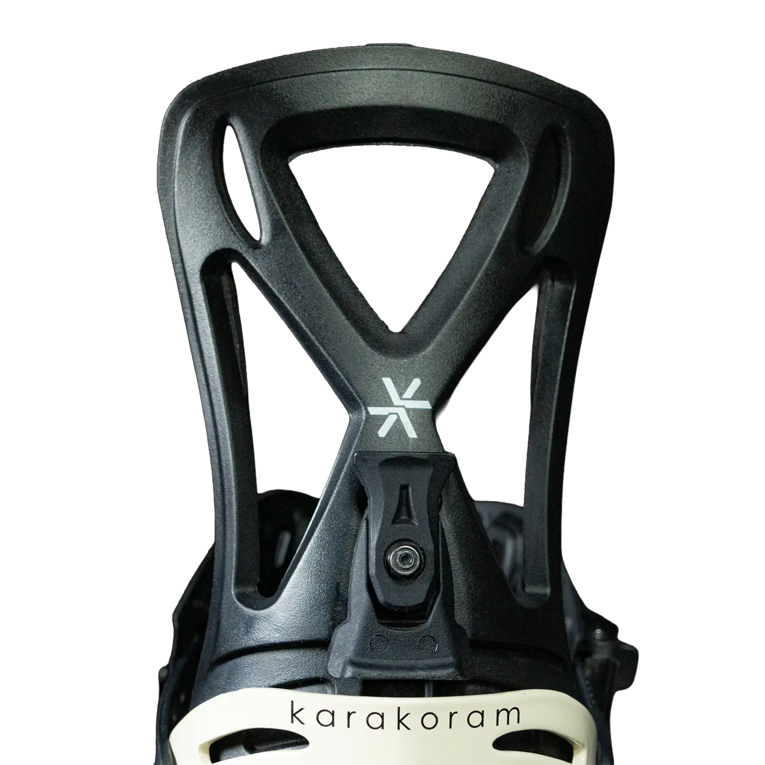 Black splitboard binding highback with Karakoram logo on white baseplate