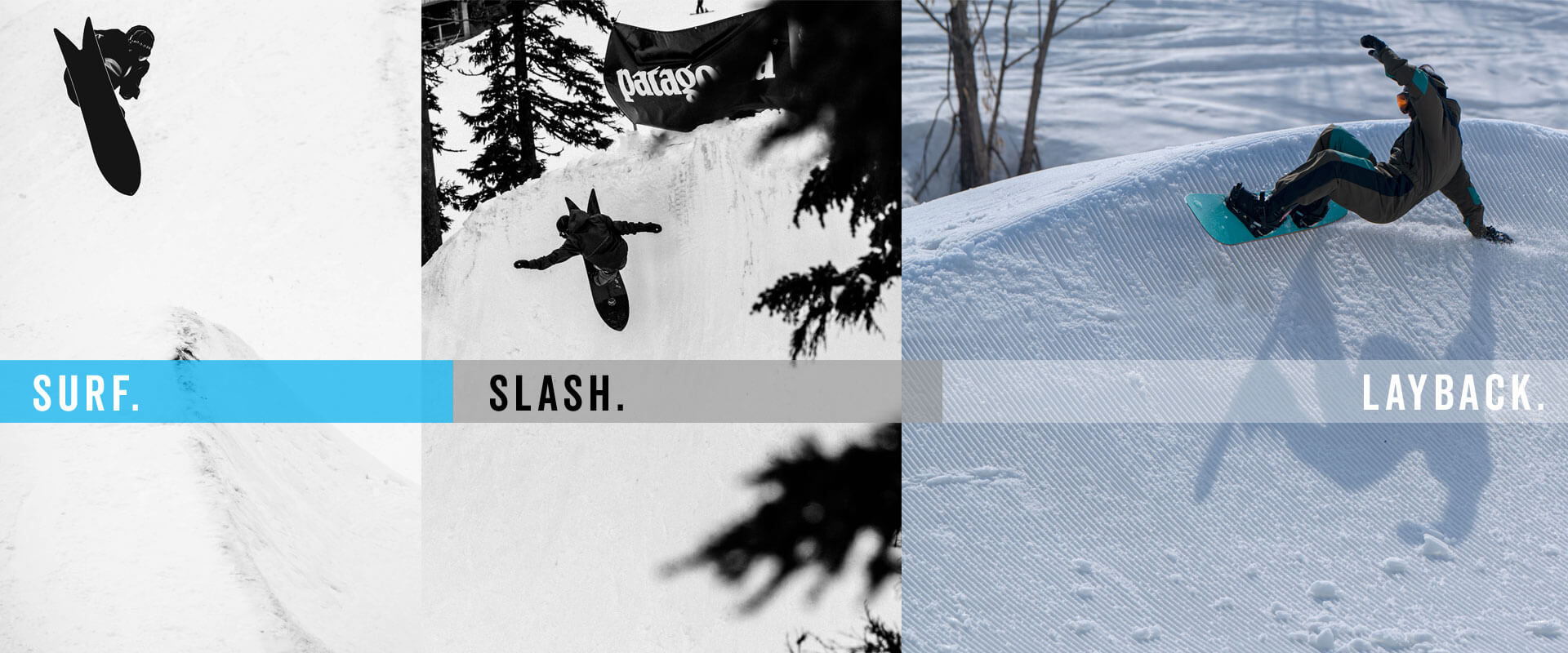 Three-panel snowboarding photos showing airborne turns and a layback slash