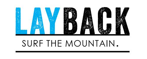 Layback Surf the Mountain logo in blue and black distressed text