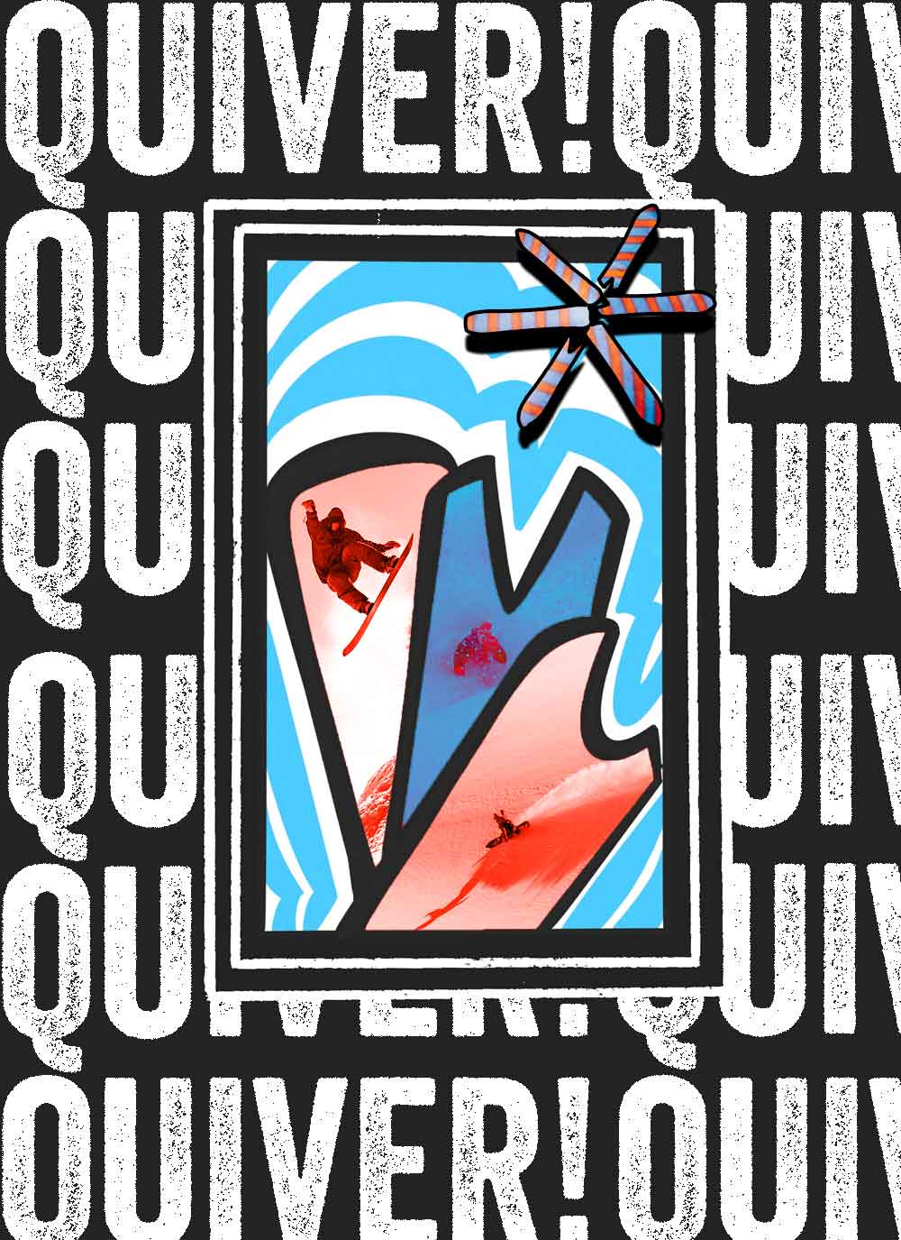 Snowboarding graphic poster with striped skis and "Quiver" text pattern
