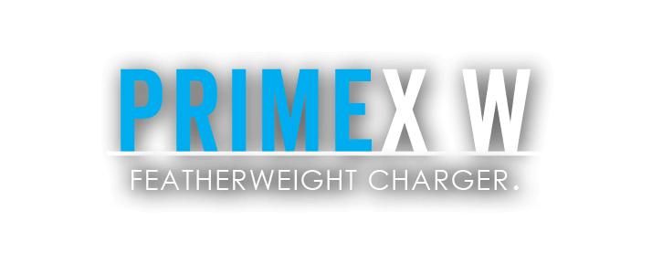 Prime X W featherweight charger logo in blue and white text