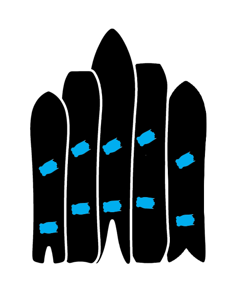 Black silhouette of five arched panels with blue accent marks