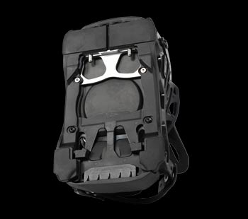 Black backpack rear view showing padded straps and metal frame hardware