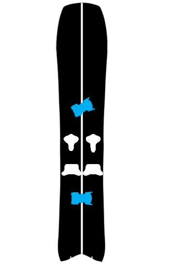 Black splitboard with white center stripe, blue and white graphic designs