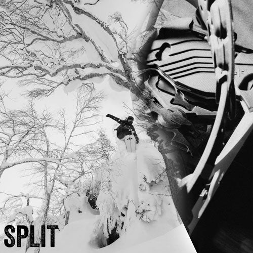 Split-screen black and white photo, snowboarder in snowy trees, ski binding closeup