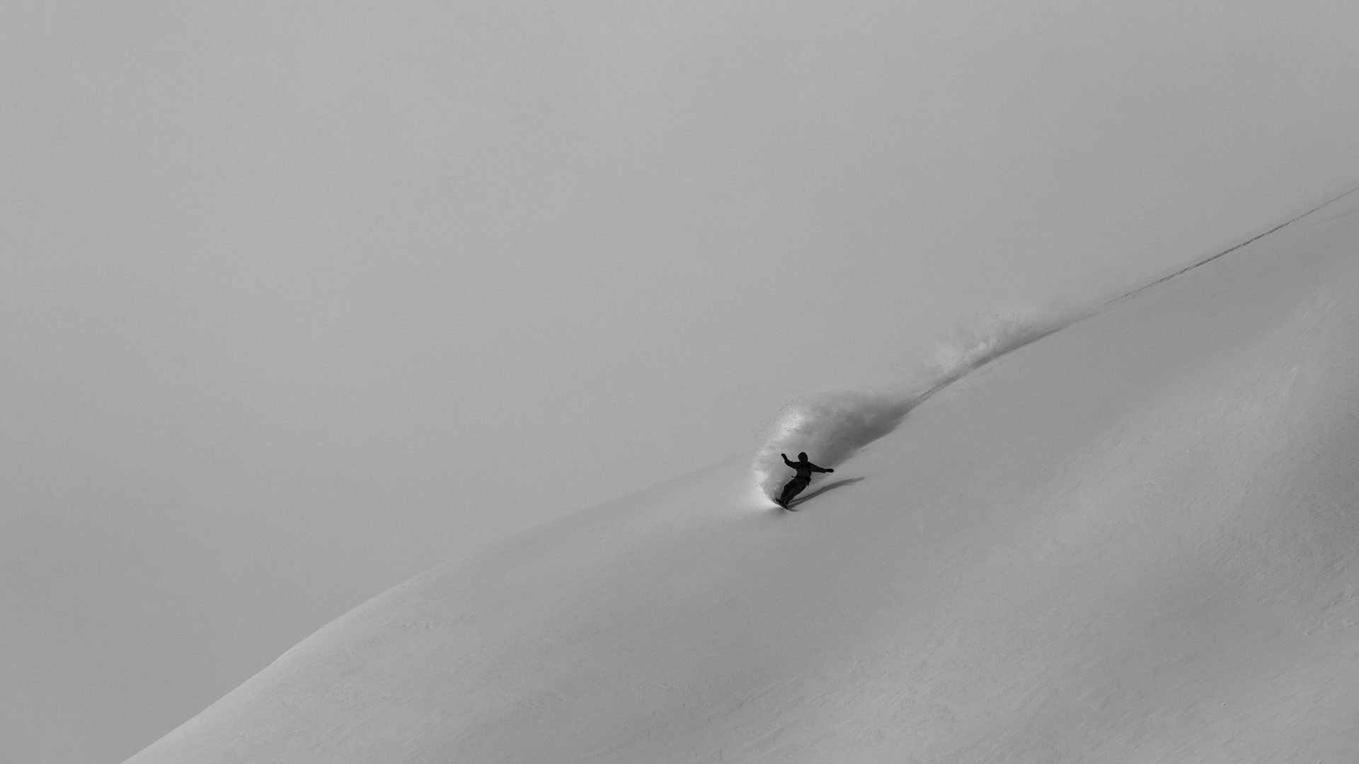 Snowboarder carving fresh powder on foggy mountain slope, black and white