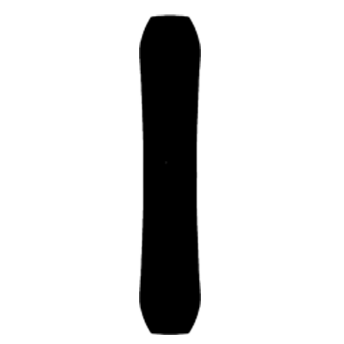 Solid black snowboard with tapered nose and tail, top view
