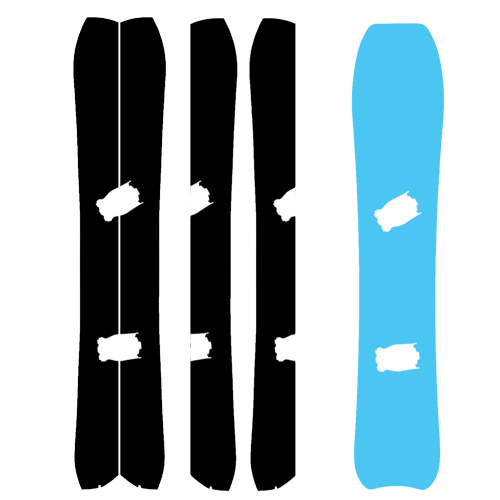 Black and blue ski or snowboard silhouettes with white logo patches