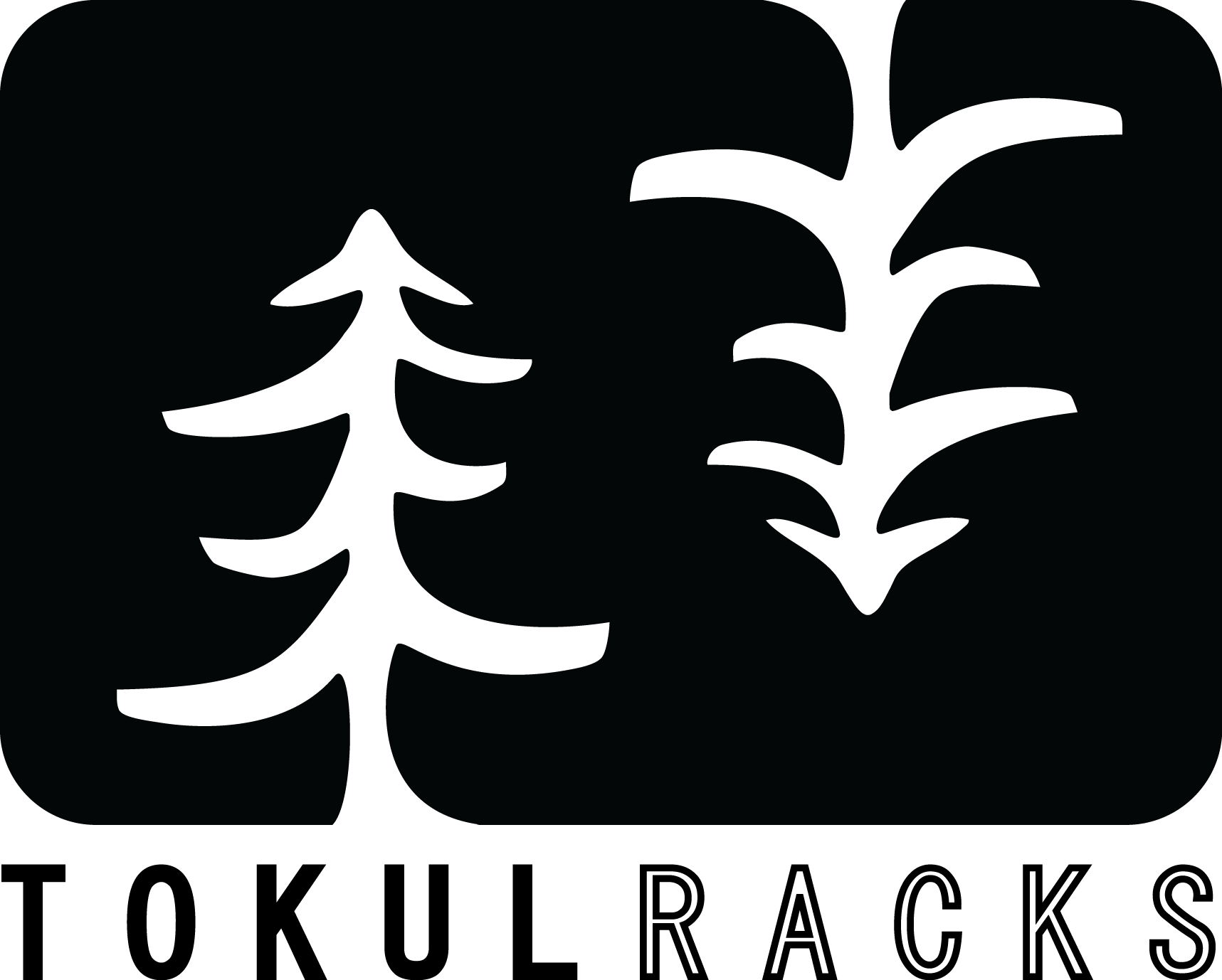Tokul Racks logo, white pine tree and antler icons on black