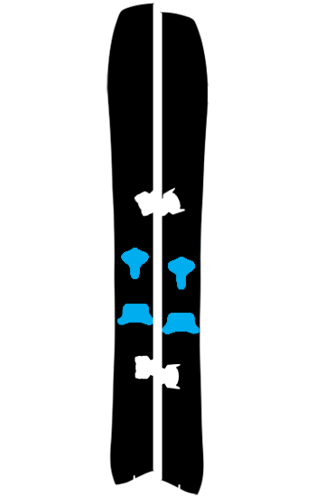 Black ski tips with white stripe and blue abstract graphic accents