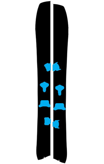 Pair of black skis with blue abstract graphic patterns, front view