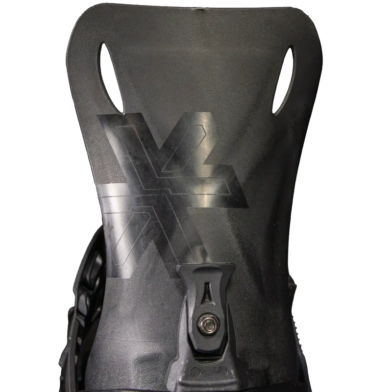 Black snowboard binding highback with X logo, close-up view