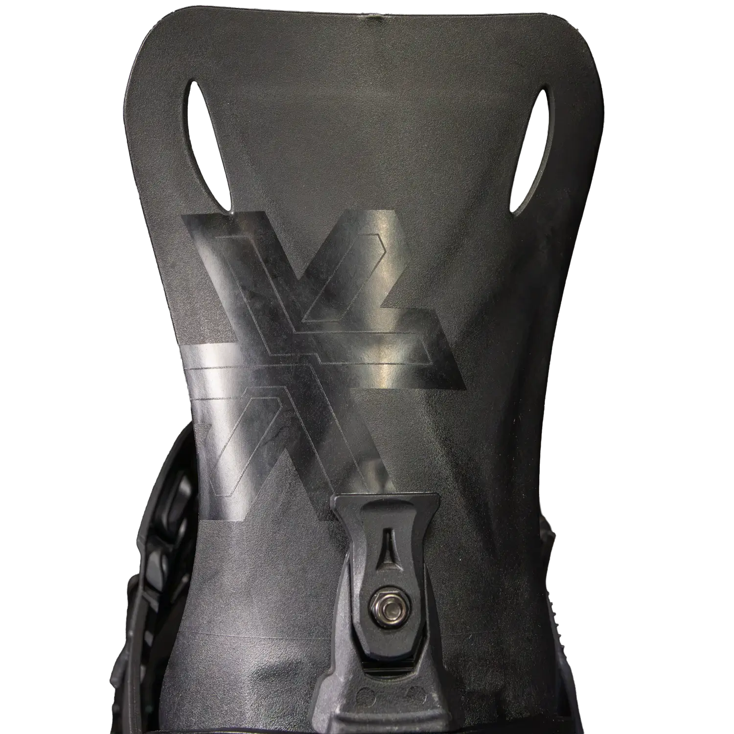 Black snowboard binding highback with X logo, close-up view