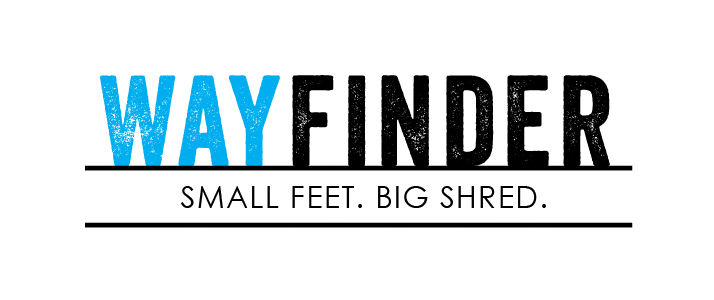 Wayfinder logo with tagline "Small Feet. Big Shred." in blue and black