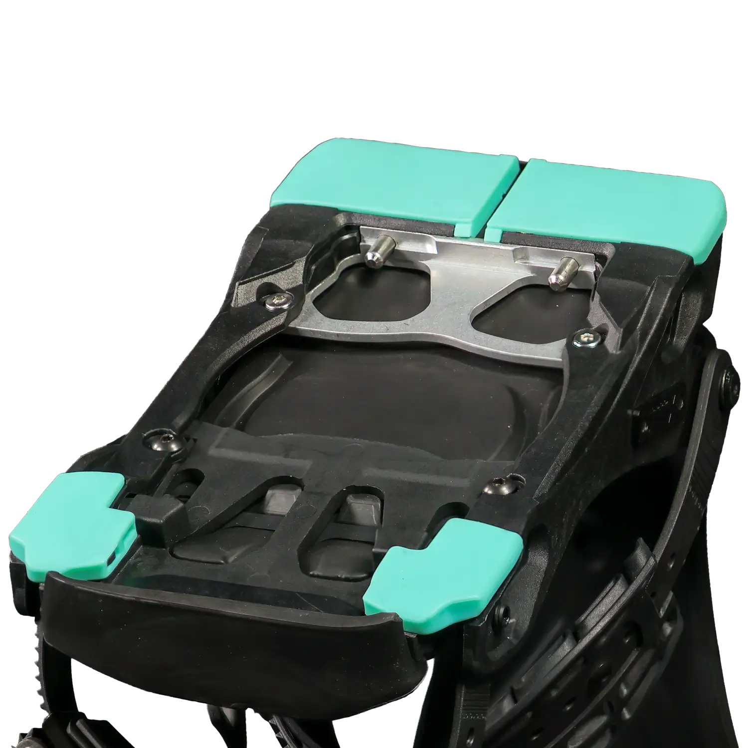 Black ski boot buckle mechanism with teal plastic pads, close-up view