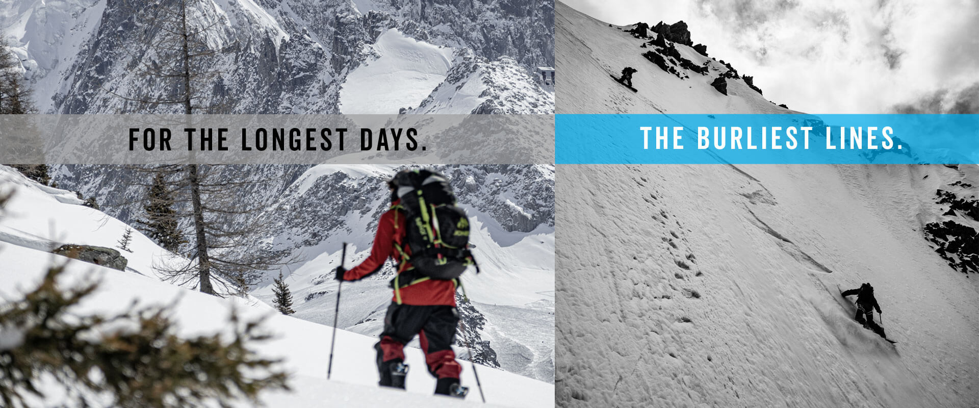 Skiers backcountry touring and descending steep snowy alpine slopes
