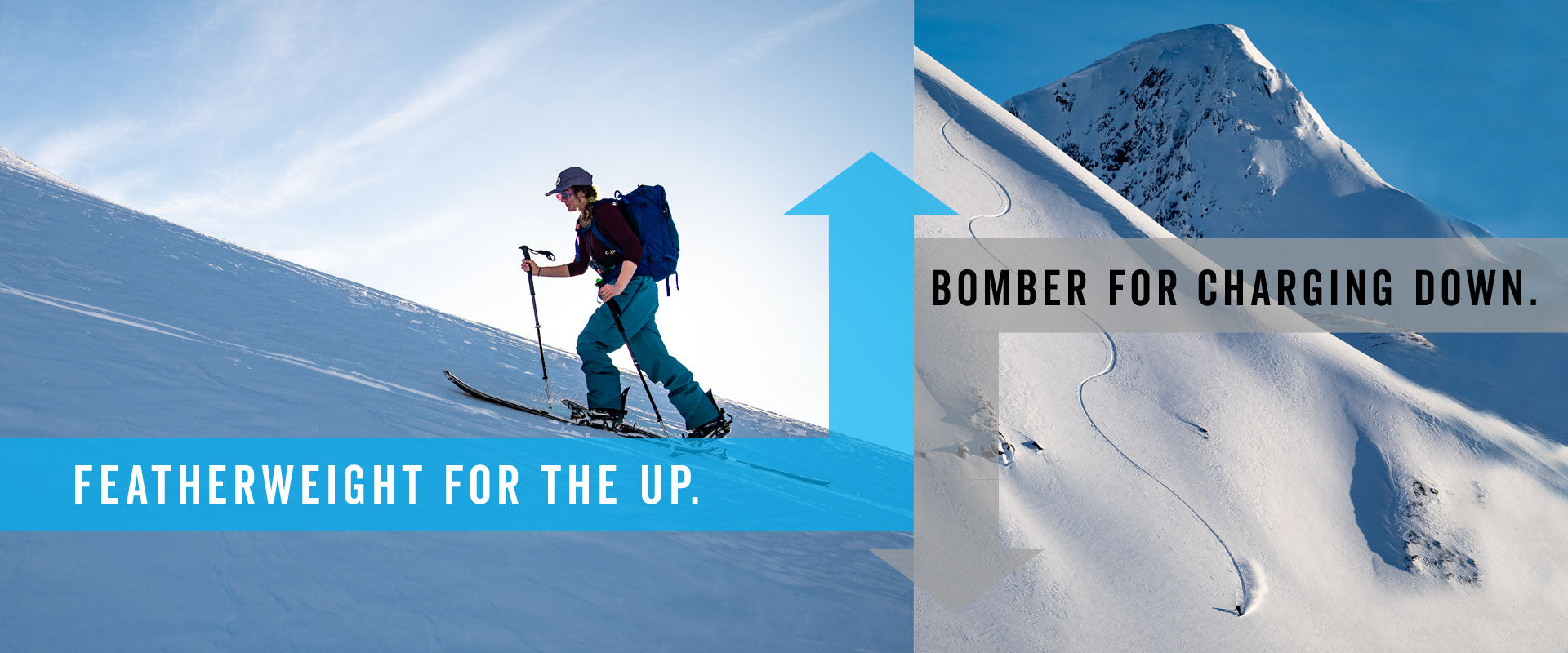 Skier ascending snowy slope beside carved ski tracks down mountain peak