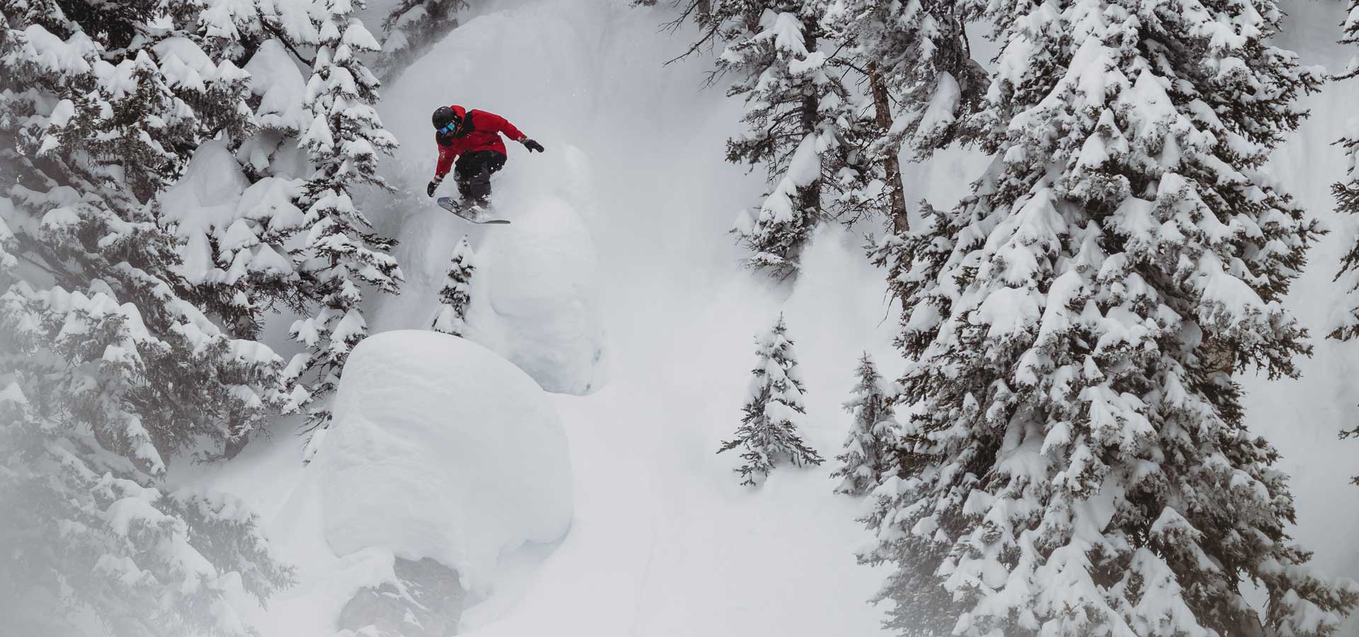 Snowboarder in red jacket airborne between snow-covered pine trees